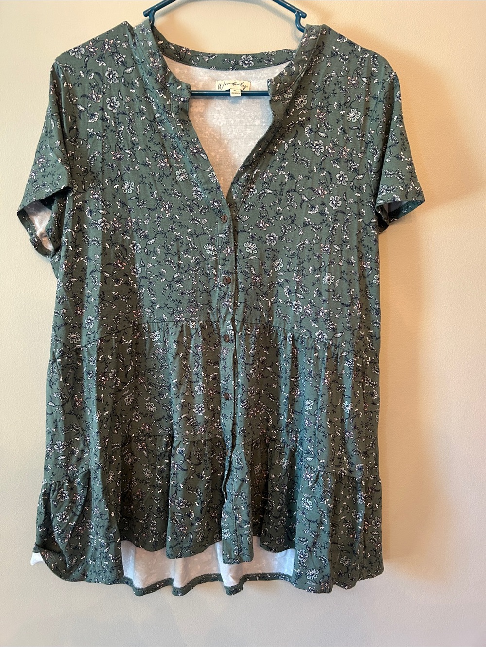 Wonderly Tiered Blouse, Green with Floral, Women’s Size XL